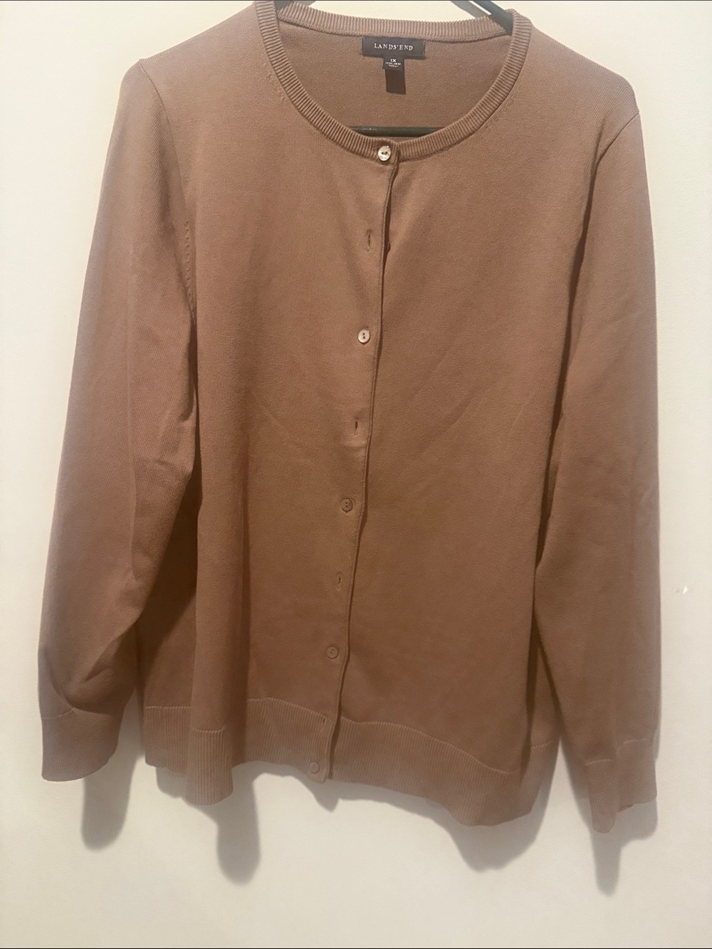 Lands' End Women's Round-Neck Button-Front Cardigan in Light Brown